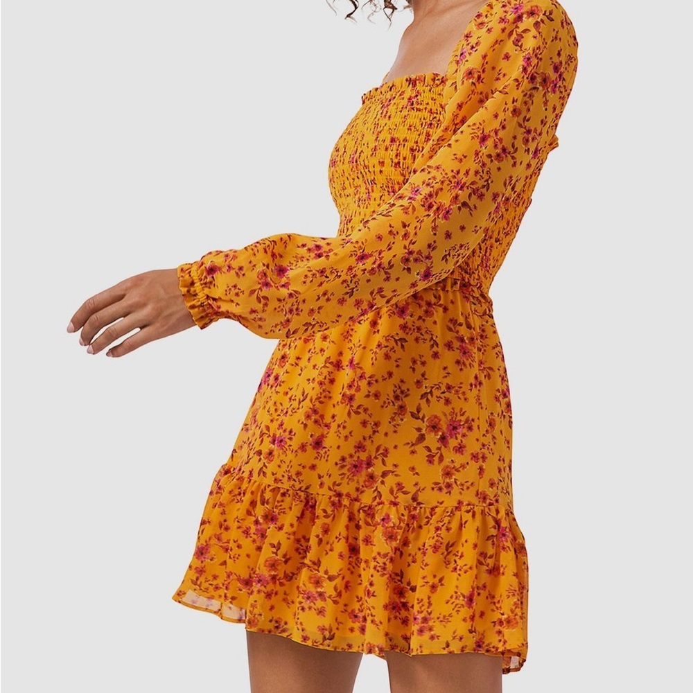 Floral Orange Long Sleeve Smock Dress